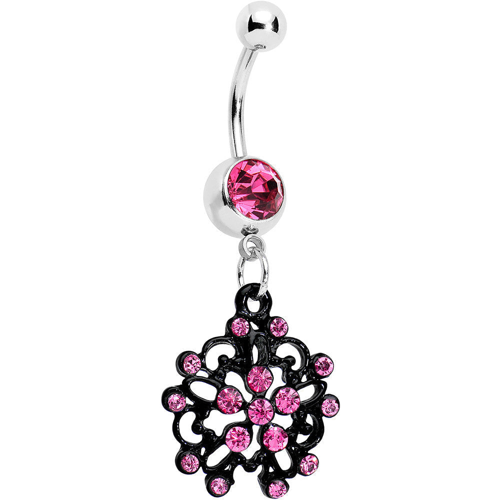 Pink Czech Stone Black Intricate Snowflake Dangle Belly Ring
