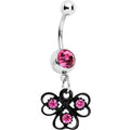 Pink Czech Stone Black Swirl Trio of Love Dangle Belly Ring
