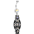 Aurora Czech Stone Black Victorian Design Dangle Belly Ring