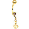 Gold Plated 925 Silver Anchor My Heart PurpleGem Dangle Belly Ring