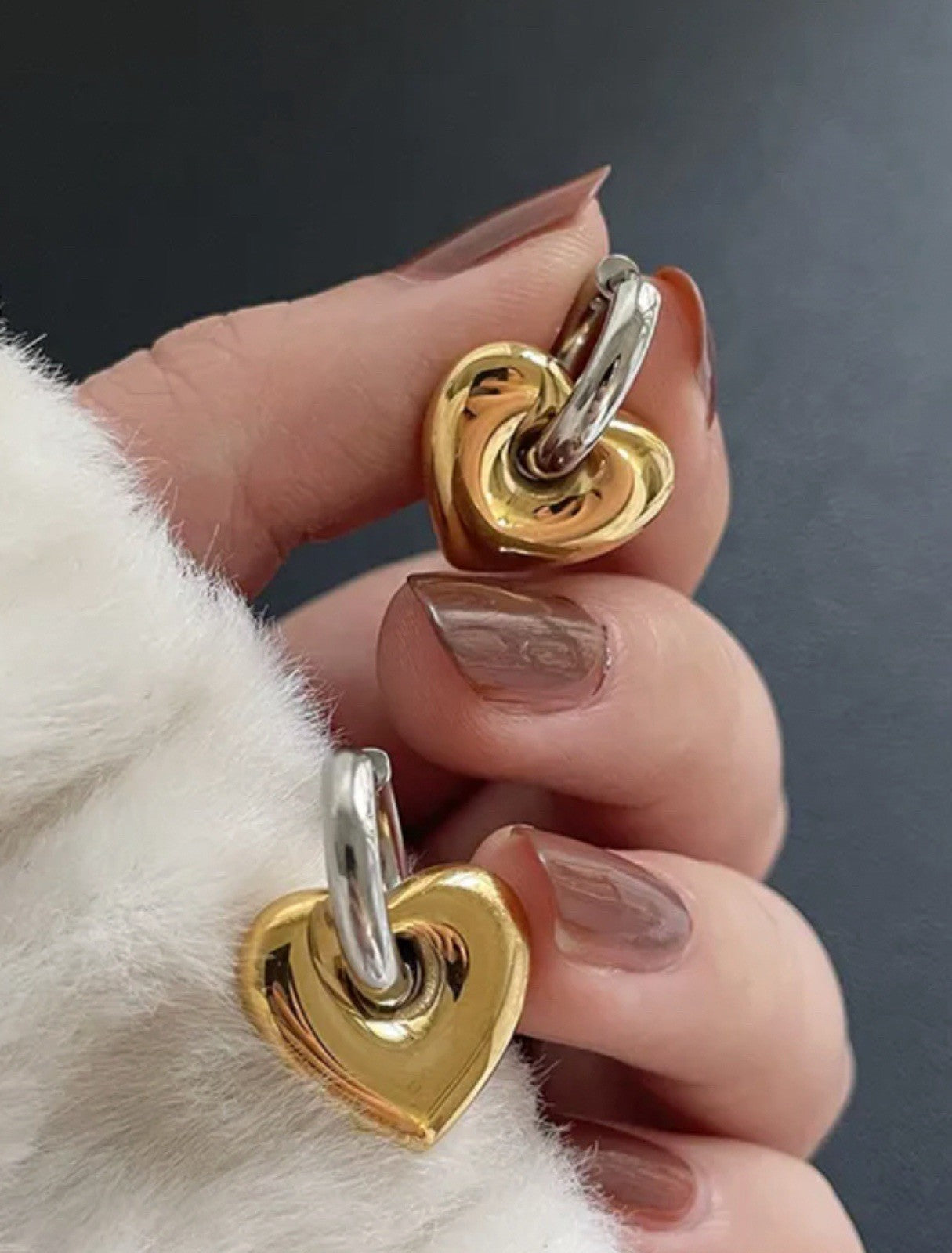 Silver Stainless Steel Gold Puffy Heart Charm Hoop Earrings