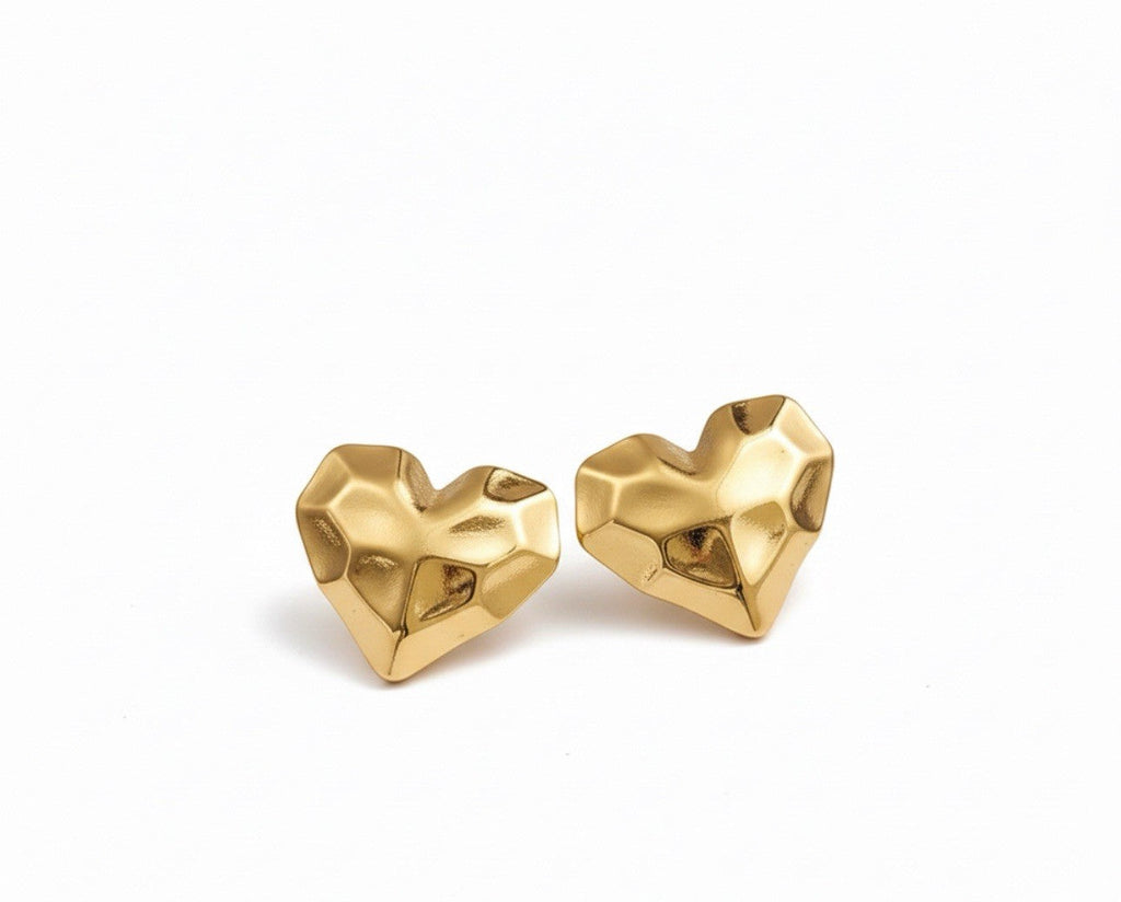 18k Gold Plated Stainless Steel Textured Geometric Heart Stud Earrings