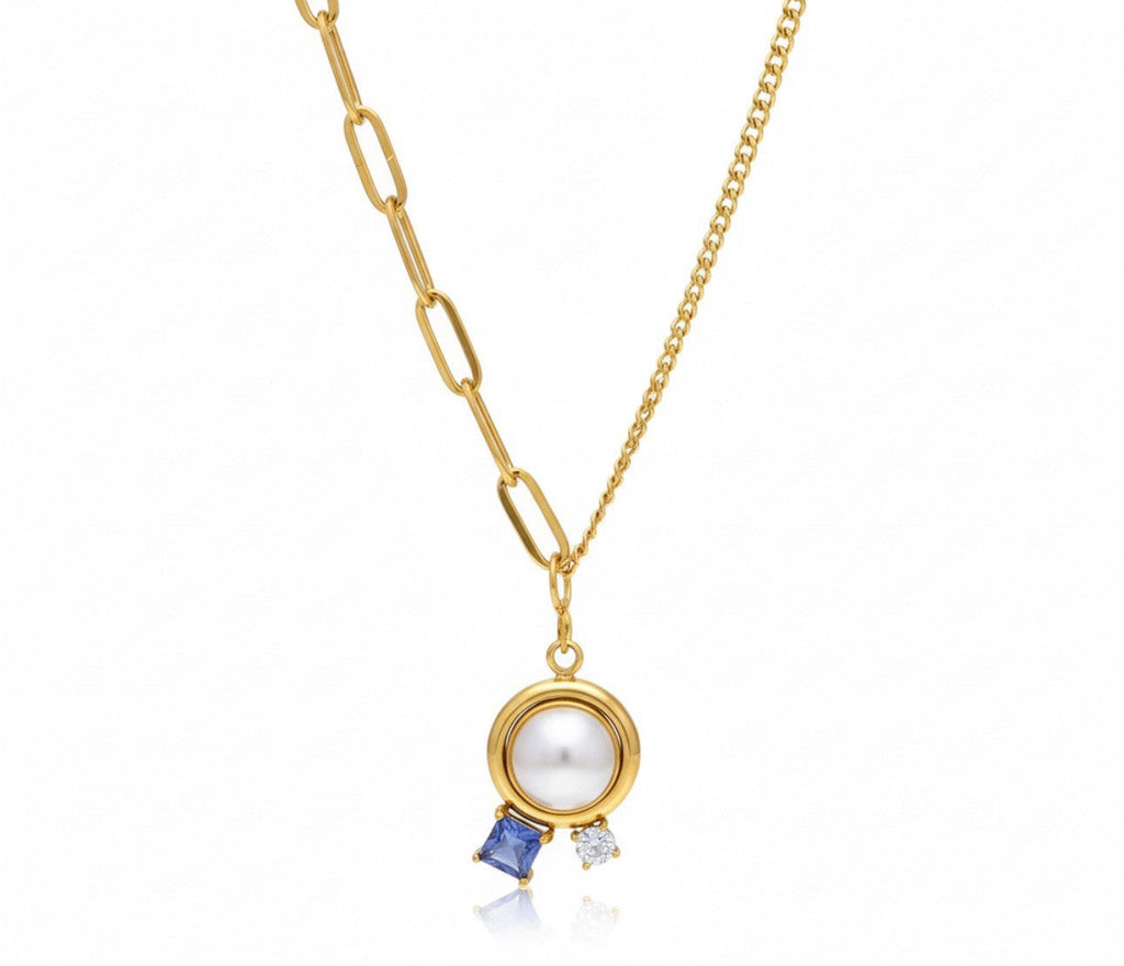 Gold Plated Stainless Steel Pearl Blue Glass Stone Pendant Necklace