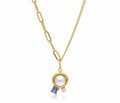 Gold Plated Stainless Steel Pearl Blue Glass Stone Pendant Necklace