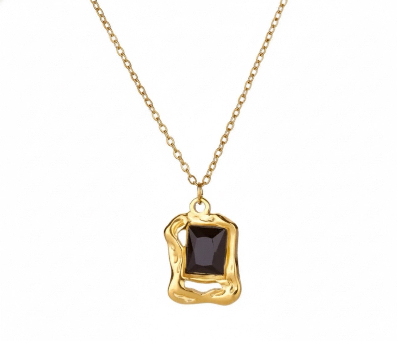 Gold Plated Stainless Steel Black Glass Rectangle Pendant Necklace