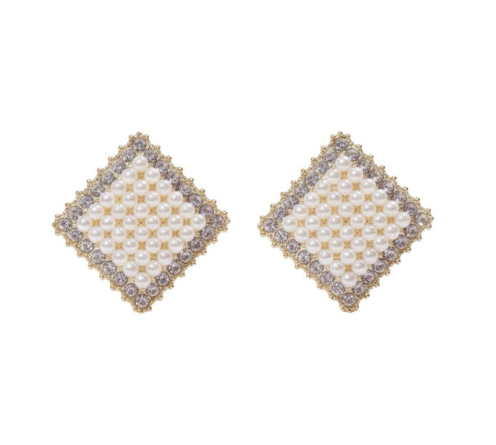 Gold Plated Pearls And Rhinestones Diamond Shape Stud Earrings