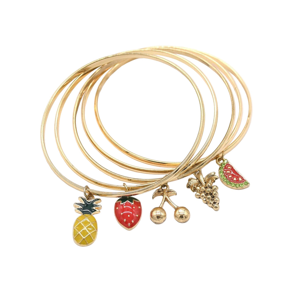 Gold 5 Piece Set Enamel Fruit Charm Bangles