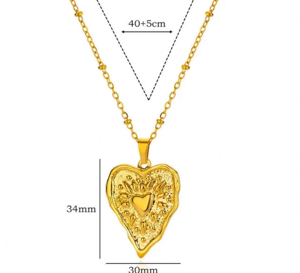 Gold Textured Stainless Steel Heart Pendant Necklace