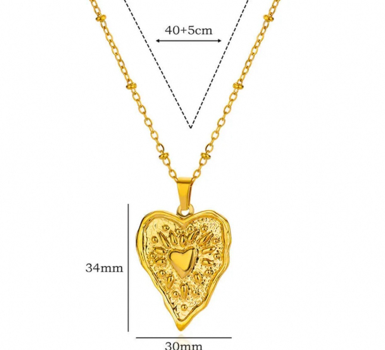 Gold Textured Stainless Steel Heart Pendant Necklace