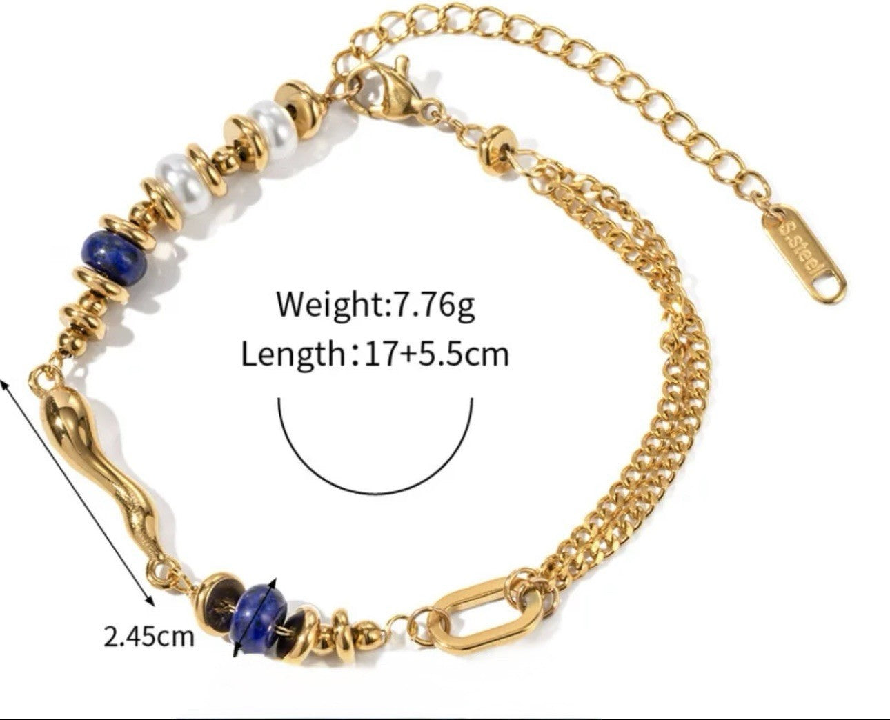 Chic Gold Plated Stainless Steel Double Chain Bracelet With Pearl & Blue Stones