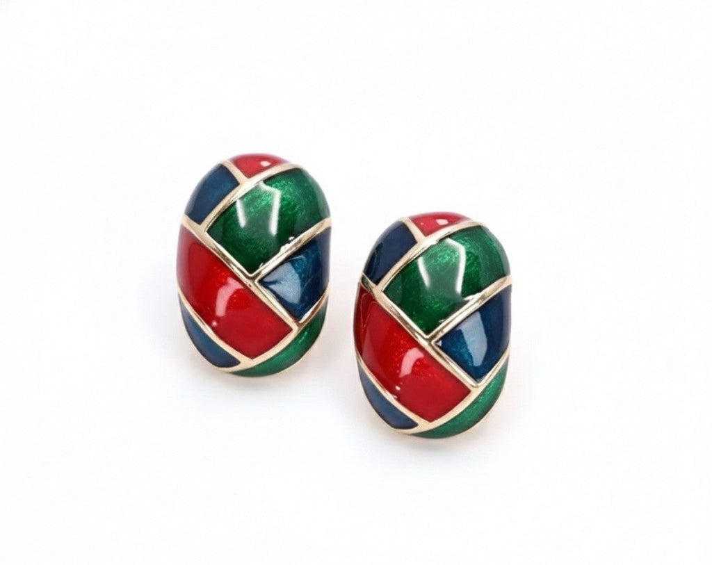 Vibrant Vintage Style Geometric Red Green Blue Enamel Gold Tone Stud Earrings