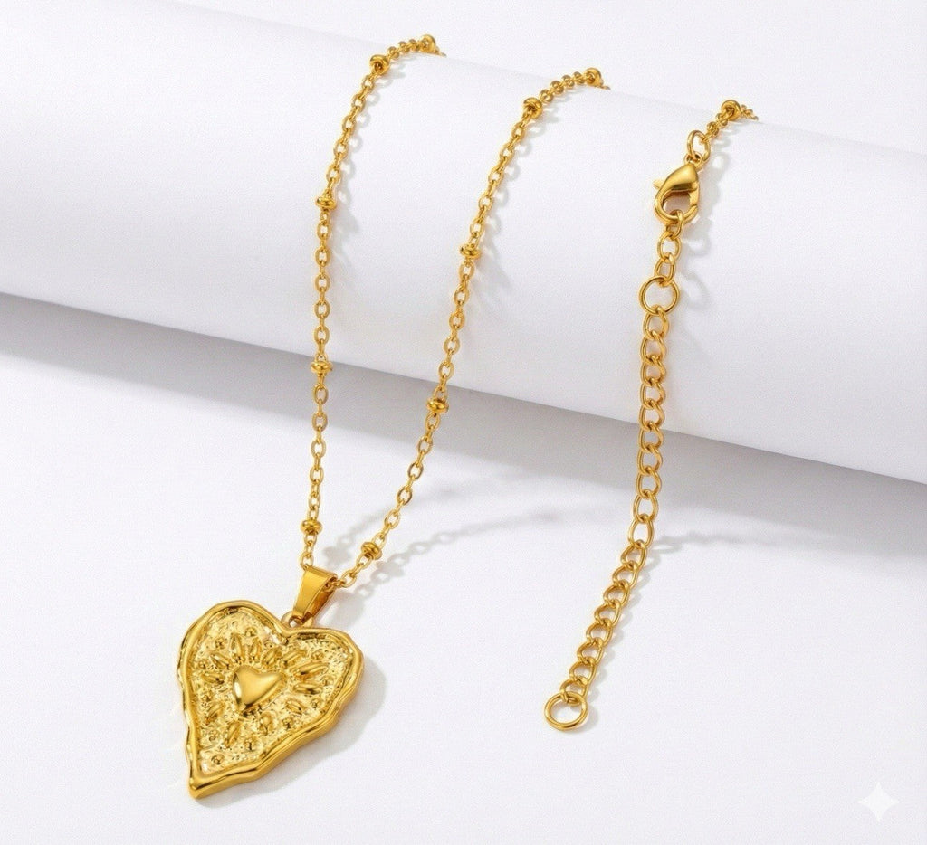Gold Textured Stainless Steel Heart Pendant Necklace