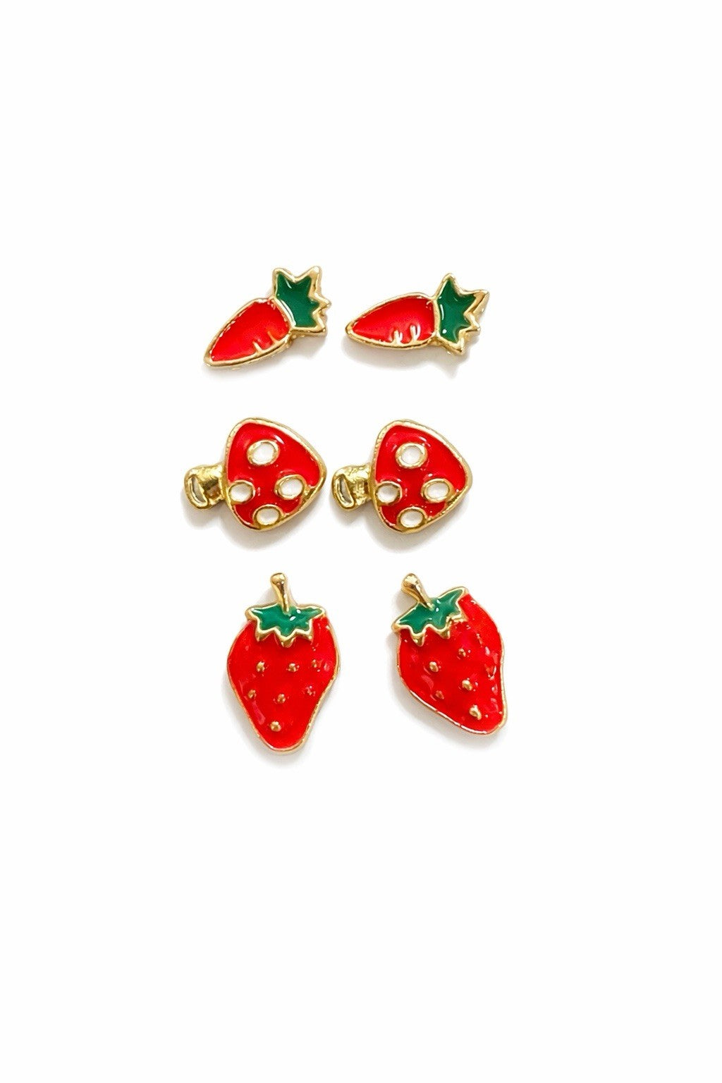 3-Pair Enamel Stud Earrings Set – Strawberry Carrot Mushroom Cute Jewelry