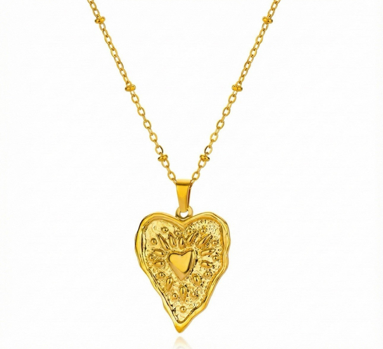 Gold Textured Stainless Steel Heart Pendant Necklace