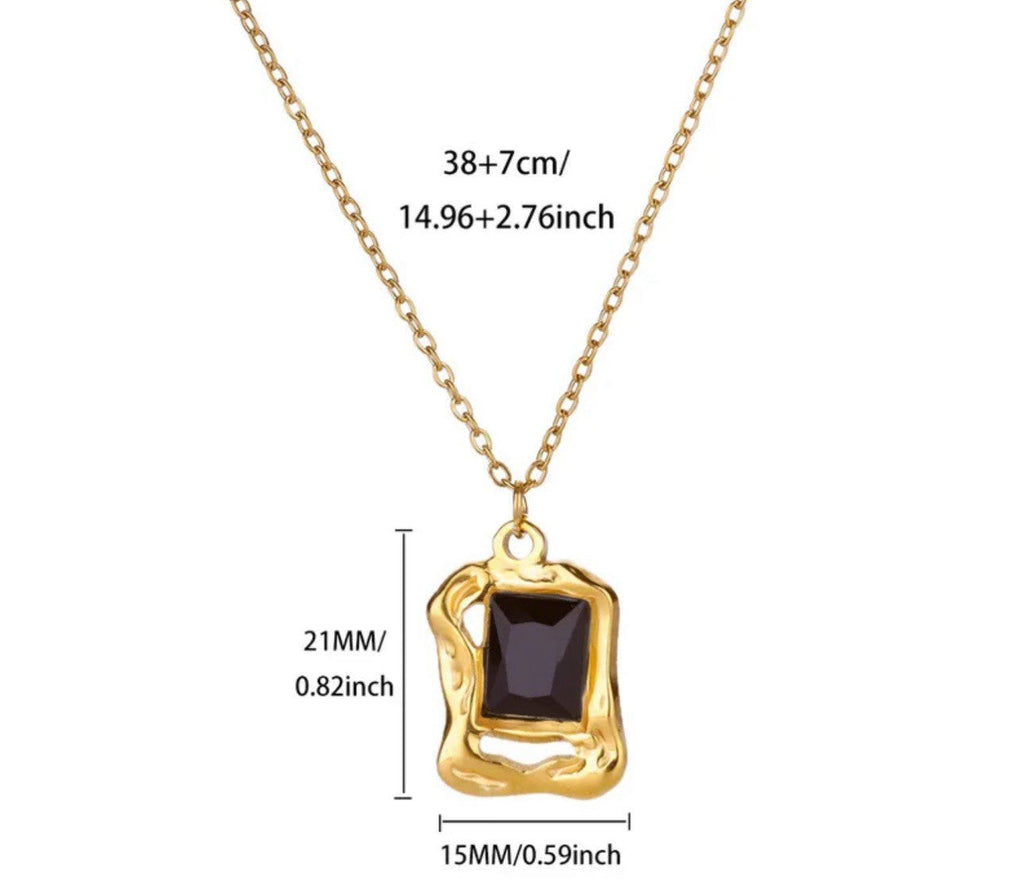 Gold Plated Stainless Steel Black Glass Rectangle Pendant Necklace