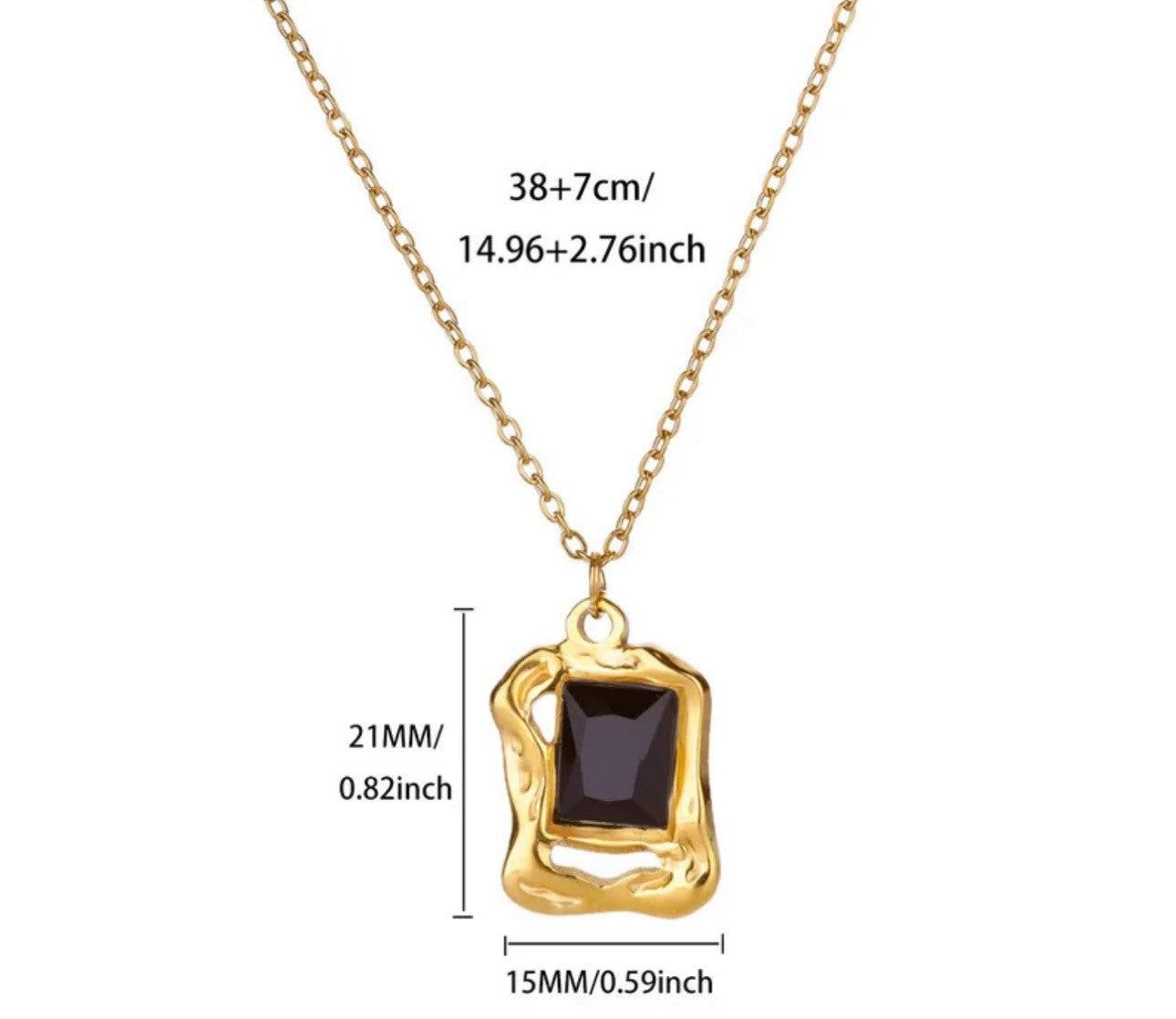 Gold Plated Stainless Steel Black Glass Rectangle Pendant Necklace