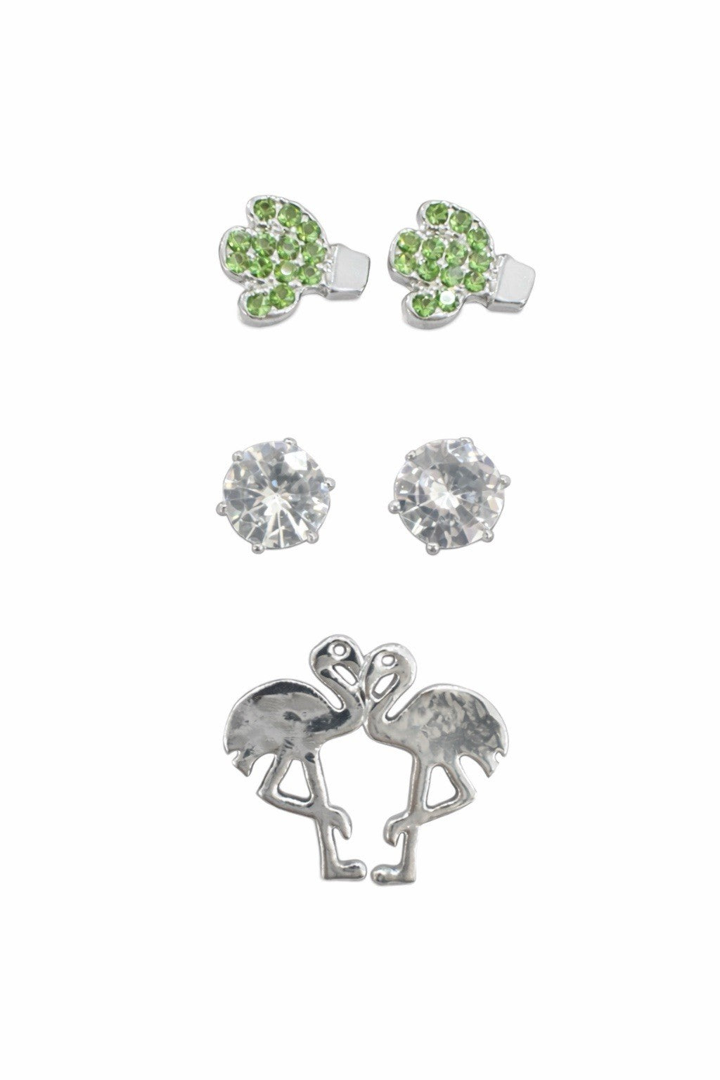 3 Pair Sud Earrings Stainless Steel Crystal Cactus Flamingo Stud Earrings Set