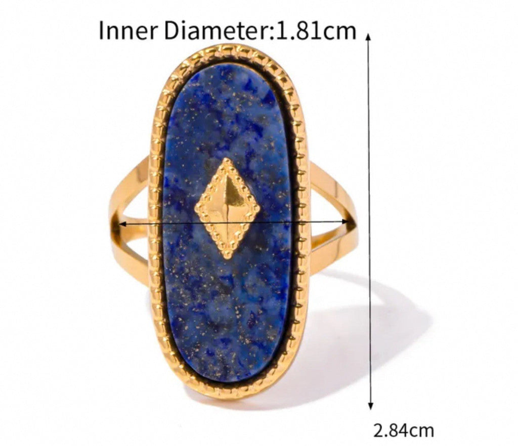 Gold Stainless Steel Semi Precious Lapis Lazuli Statement Oval Adjustable Ring