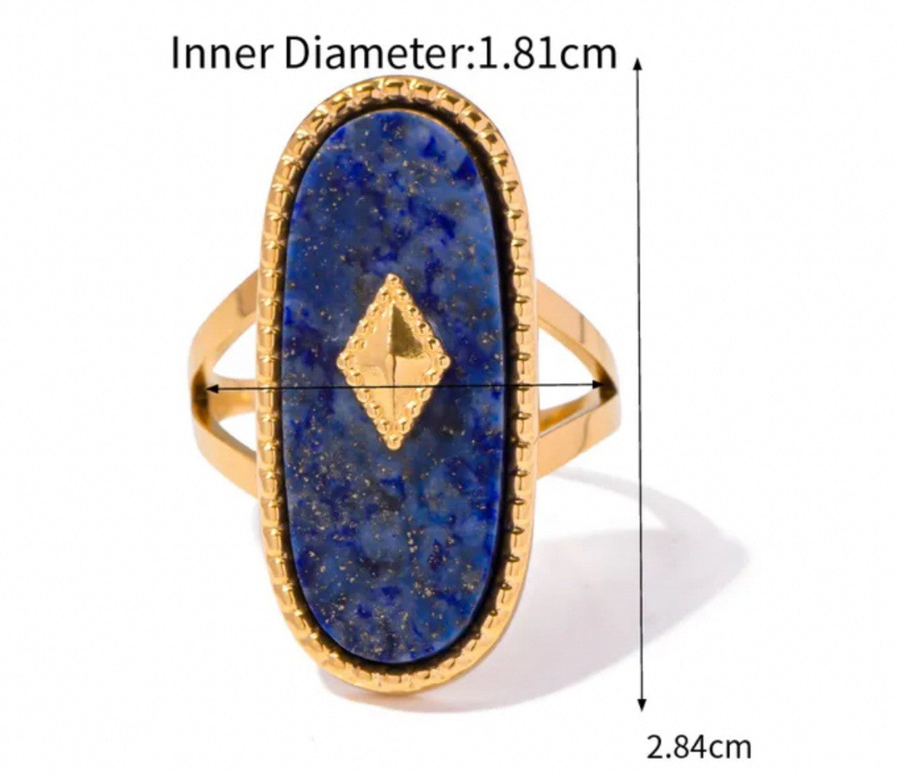Gold Stainless Steel Semi Precious Lapis Lazuli Statement Oval Adjustable Ring