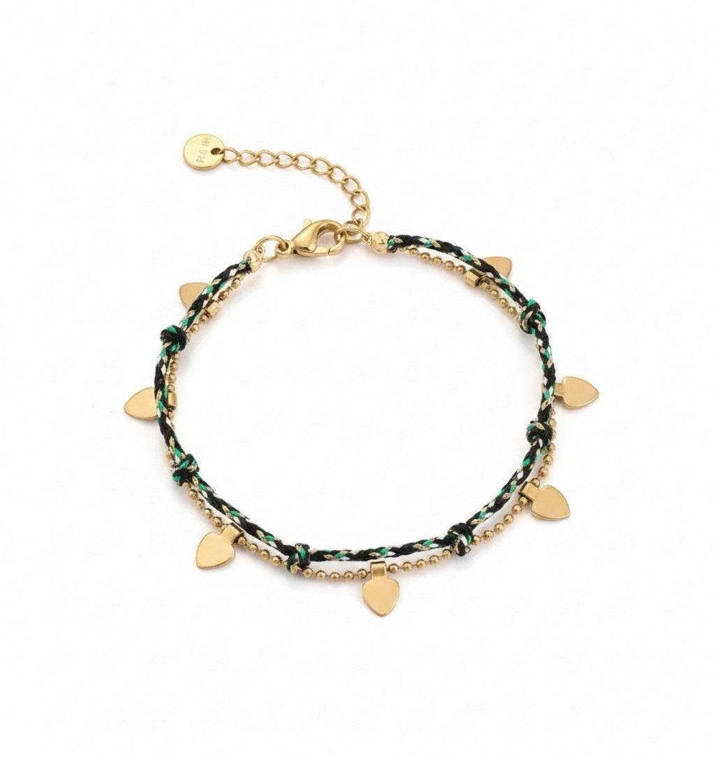 Black Green Stainless Steel Woven Cord Delicate Heart Charms Layer Bracelet