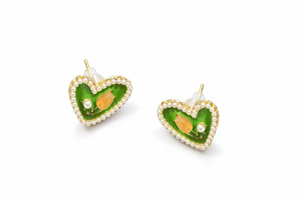 Green Enamel Heart Stud Earrings Gold Tone Faux Pearl Trim
