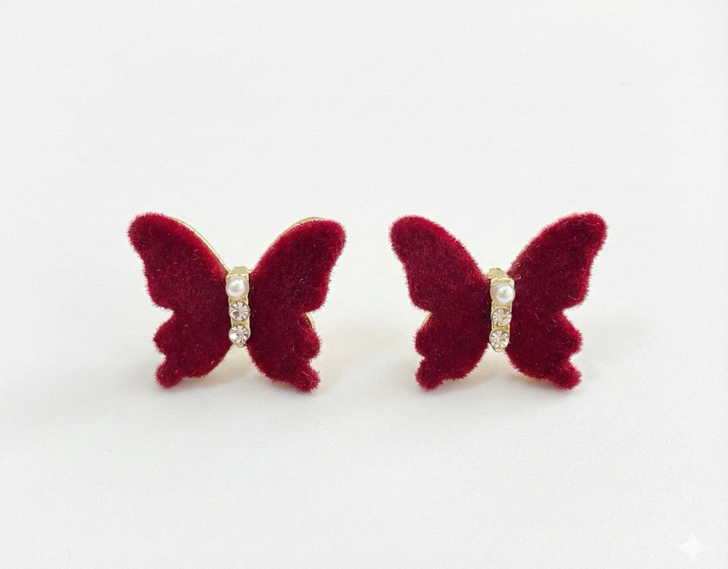 Red Velvet Gold Tone Small Pearl Rhinestones Butterfly Stud Earrings