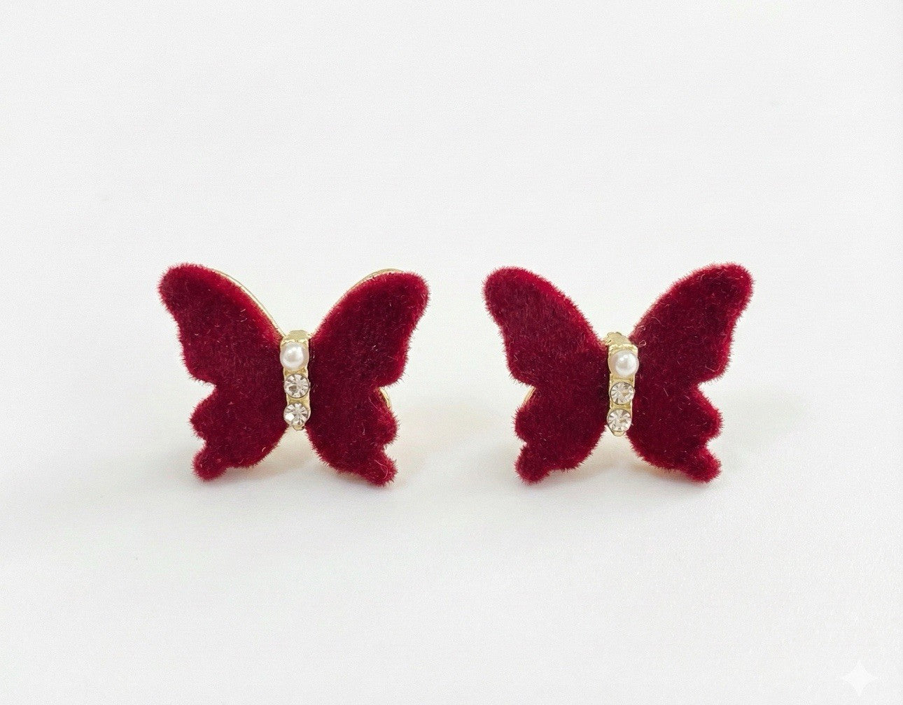 Red Velvet Gold Tone Small Pearl Rhinestones Butterfly Stud Earrings
