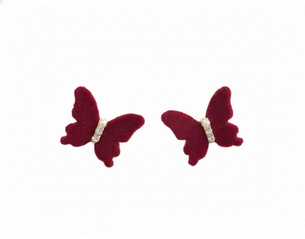 Red Velvet Gold Tone Small Pearl Rhinestones Butterfly Stud Earrings