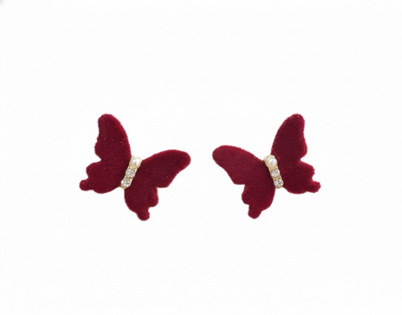 Red Velvet Gold Tone Small Pearl Rhinestones Butterfly Stud Earrings
