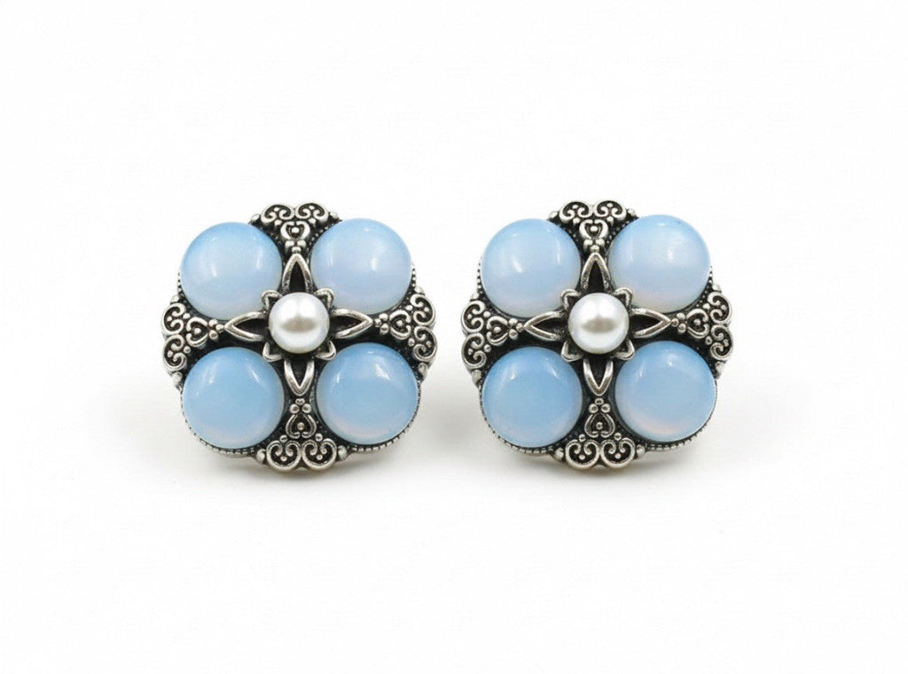 Victorian Style Silver Filigree Blue & Pearl Glass Stones Square Stud Earrings