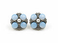 Victorian Style Silver Filigree Blue & Pearl Glass Stones Square Stud Earrings