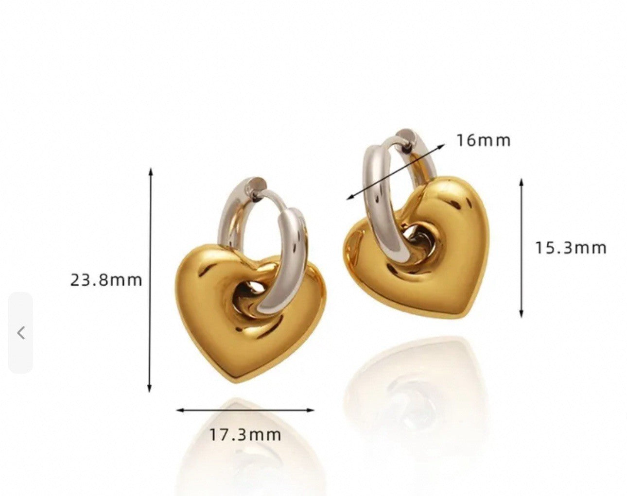 Silver Stainless Steel Gold Puffy Heart Charm Hoop Earrings