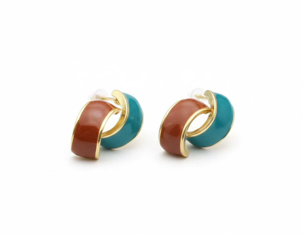 Teal Blue & Brown Vintage 80’s Style Interlocking Enamel Stud Earrings