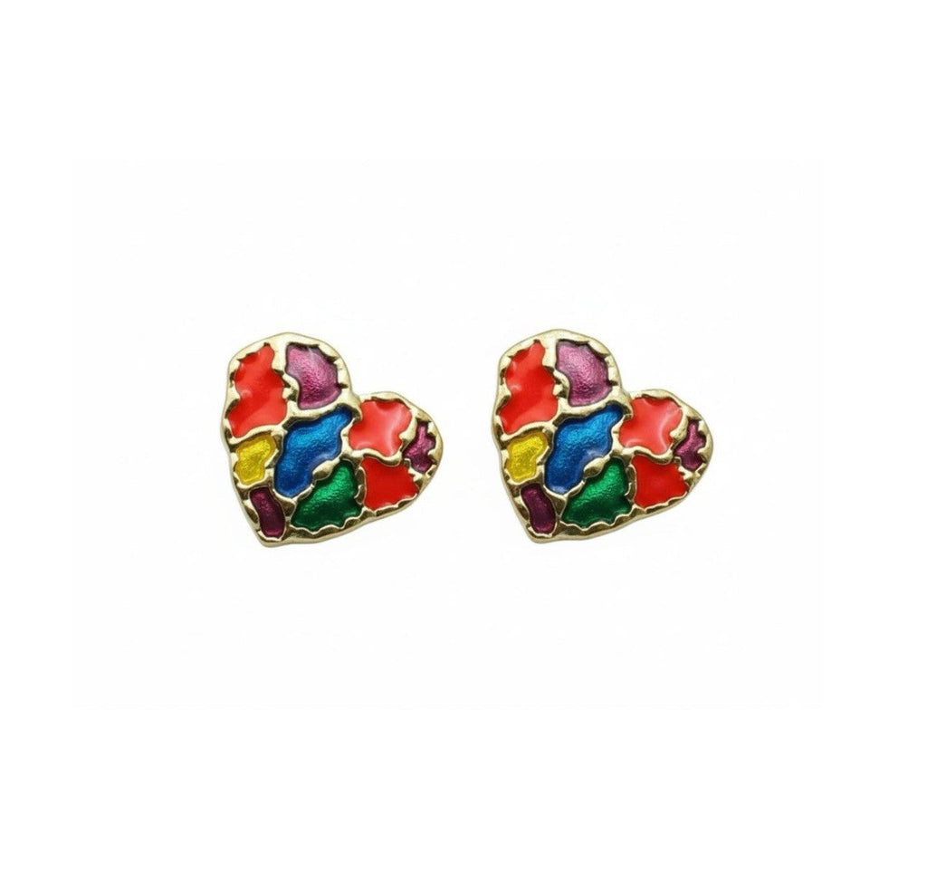 Gold Tone Heart Stained Glass Enamel Colourful Stud Retro Style Earrings