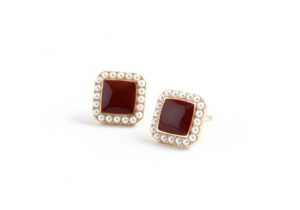 Vintage Style Gold Tone Red Border Enamel Square Classic Stud Earrings