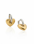 Silver Stainless Steel Gold Puffy Heart Charm Hoop Earrings