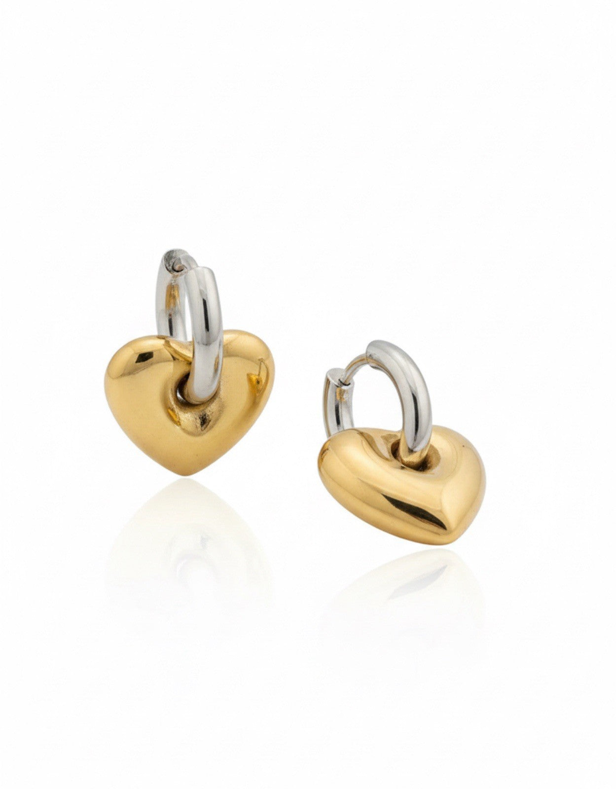 Silver Stainless Steel Gold Puffy Heart Charm Hoop Earrings