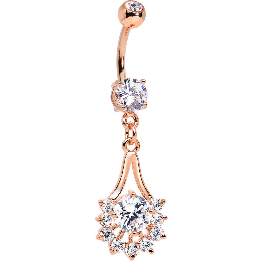 14k Rose Gold Plated Clear Gem Tribal Fan Drop Dangle Belly Ring