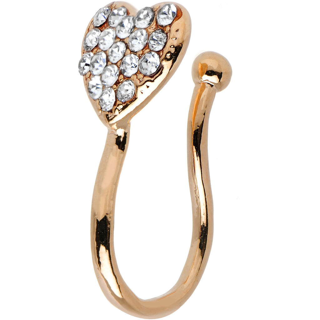 Clear Gem Rose Gold IP Paved Heart Clip On Fake Nose Ring