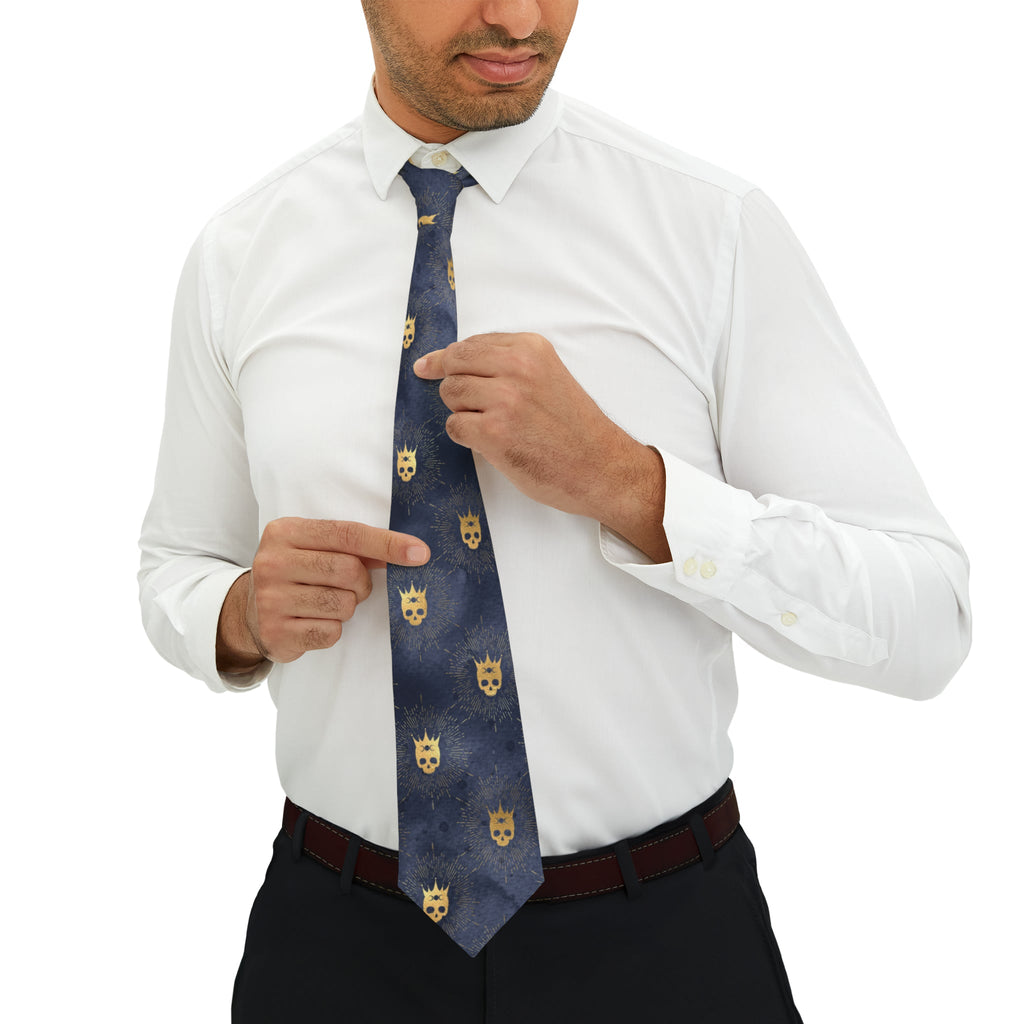 "DirkyThreadz Regal Skull Necktie - Bold and Sophisticated Gold Crown Design on Dark Blue"