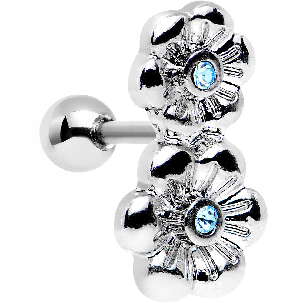 16G 1/4 Aqua Gem Steel Double Flower Tragus Cartilage Earring