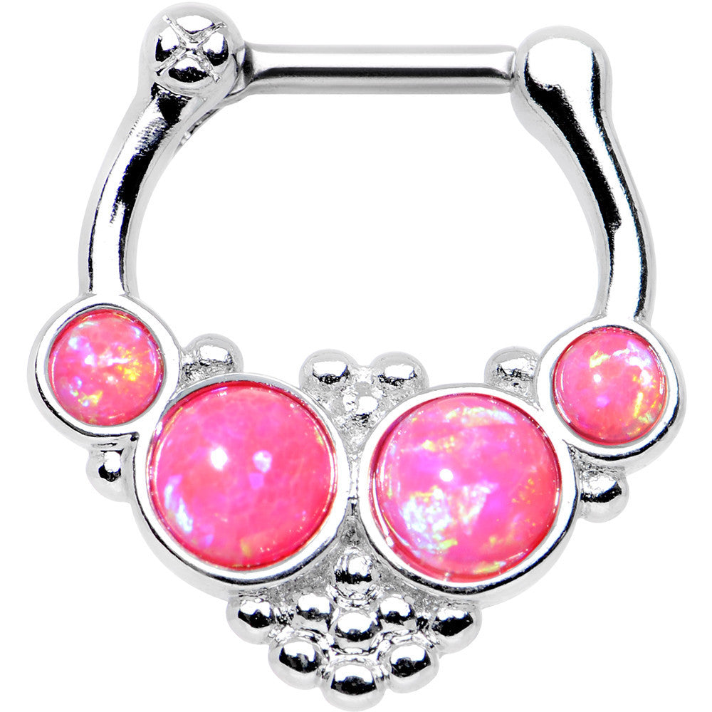 16G 1/4 Pink Synthetic Opal Steel Bar Bead Hoop Septum Clicker