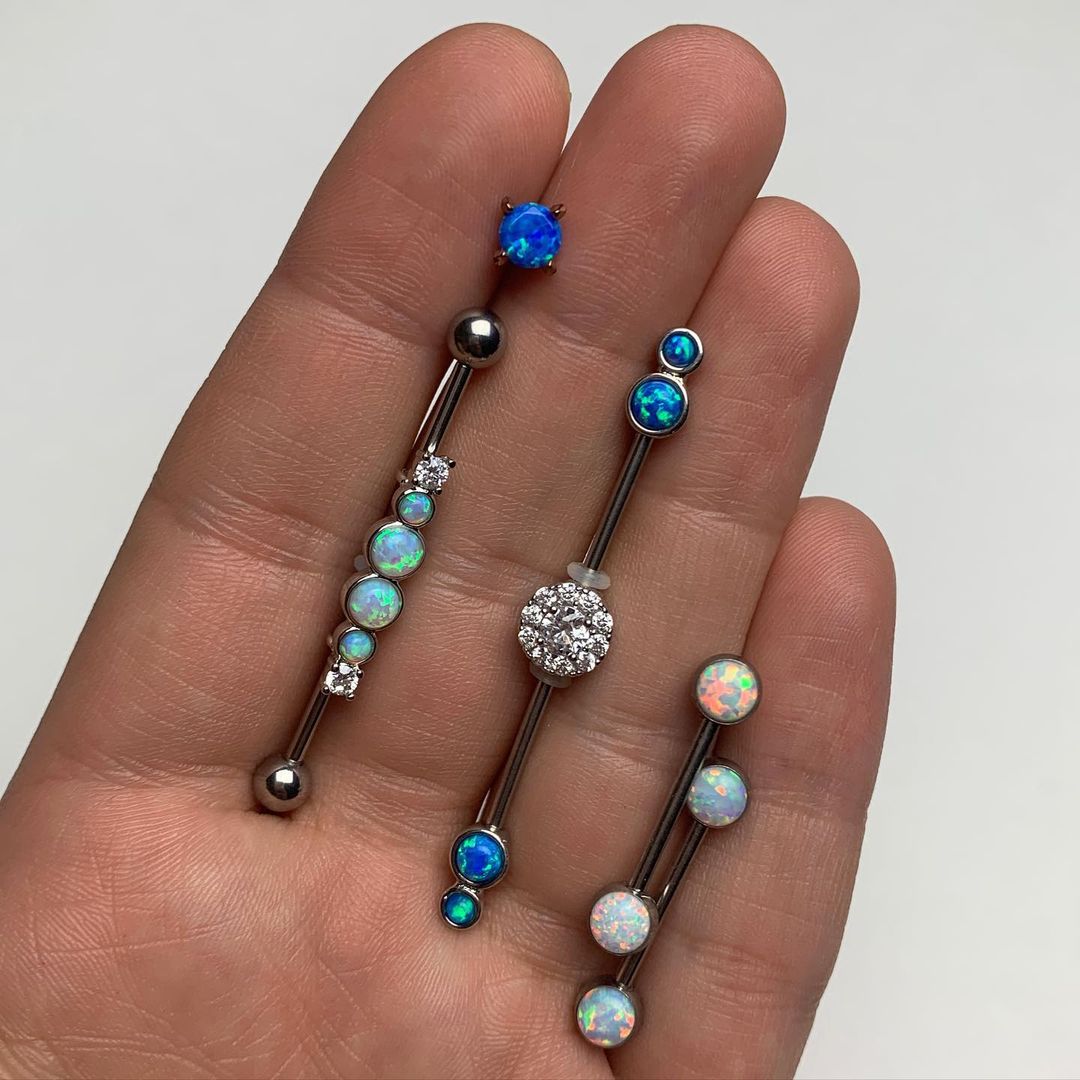 White Synthetic Opal Clear Gem Steel Industrial Barbell 36mm