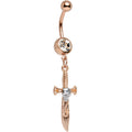 Clear Gem Rose Gold Anodized Skull Pirate Sword Dangle Belly Ring