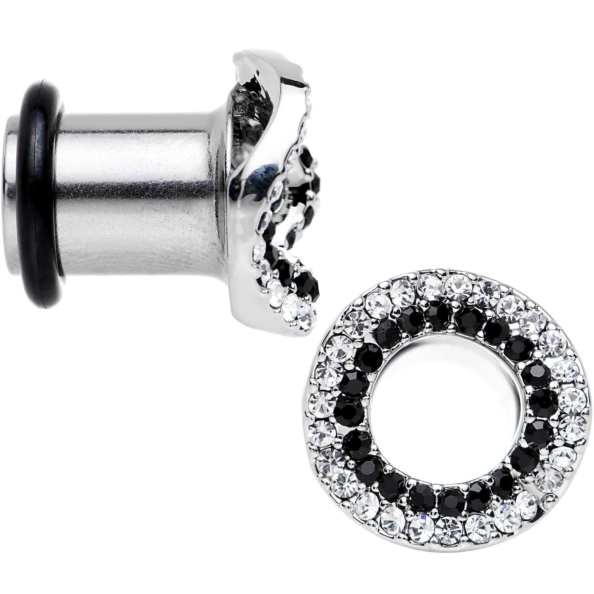 0G Clear Black Gem Steel Warped Ring Single Flare Tunnel Plug Set