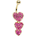 Pink Gem Gold Plated Steel Triple Heart Dangle Belly Ring