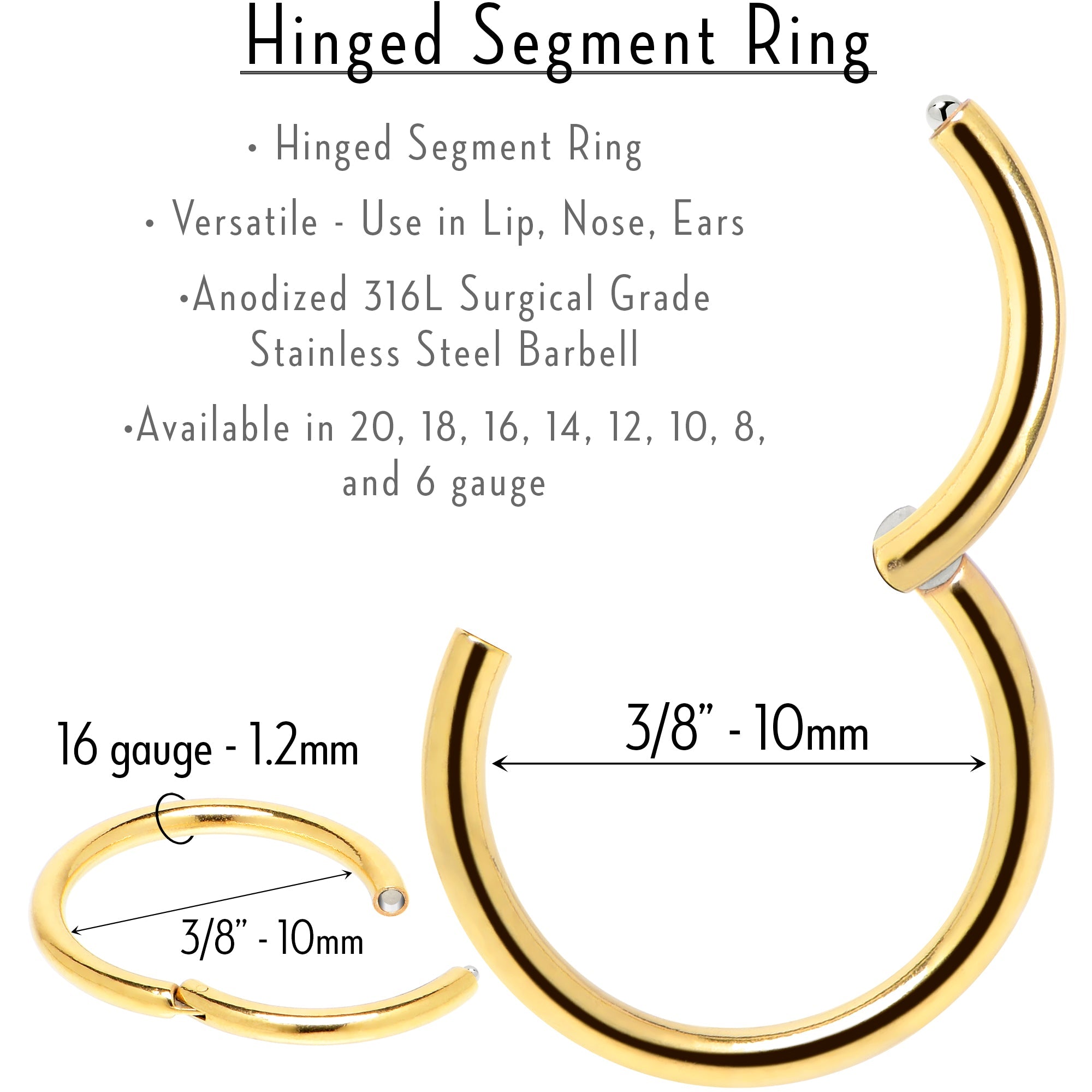16G 3/8 Gold Tone Anodized Hinged Segment Ring