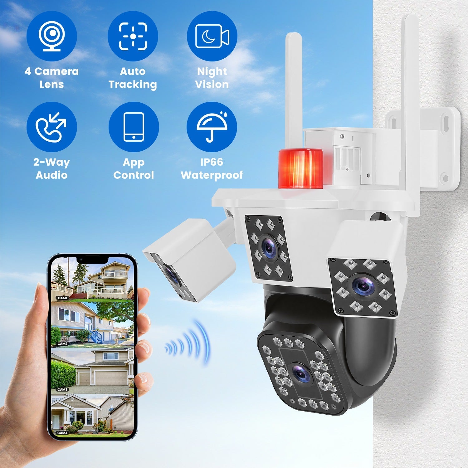 1080P HD 4-Lens Security Camera 360° View WiFi Pan & Tilt Surveillance Camera With Full Color Night Vision Auto Motion Tracking 2-Way Audio Spotlights