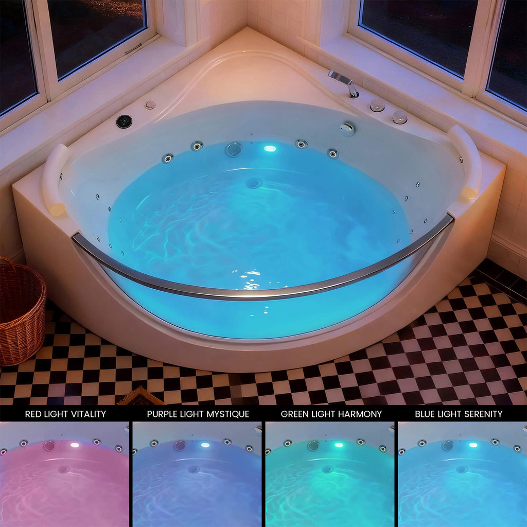 Nuvia Serenity 59-Inch 2-Person Acrylic Corner Whirlpool 16-Jet Hydro Massage Bathtub With Heater Rainbow Light (SAK12058)