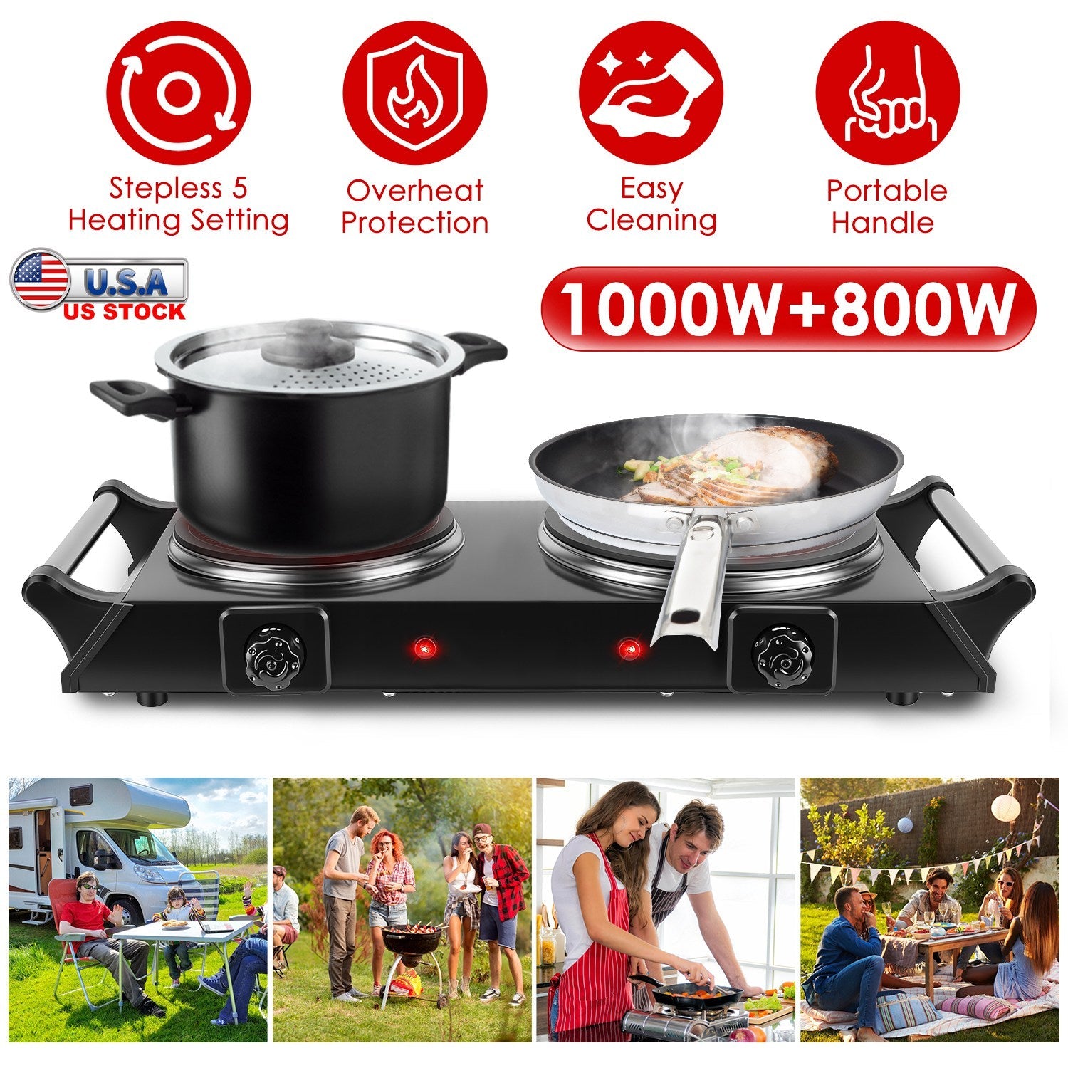 1800W Electric Double Burner Portable Heating Hot Plate Stove Countertop RV Hotplate with 5 Temperature Stepless Adjustments Portable Handles
